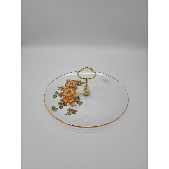 Tidbit Serving Tray Viking Glass Floral & Butterflies Trim Original Tag 8" NICE - Picture 3 of 12